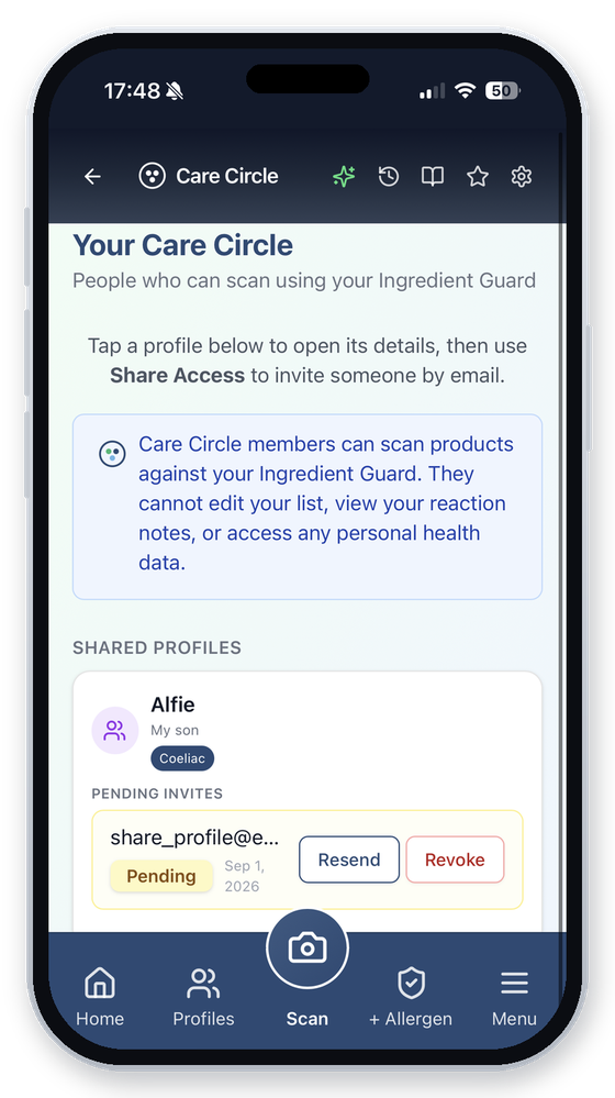 ClearaScan Care Circle screen: a shared profile and a pending invite, with a note that members can scan but not edit the Ingredient Guard.
