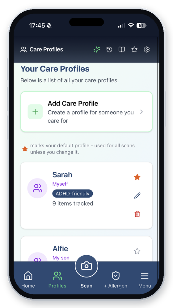 ClearaScan Care Profiles screen showing separate profiles, each with its own Ingredient Guard and items tracked.