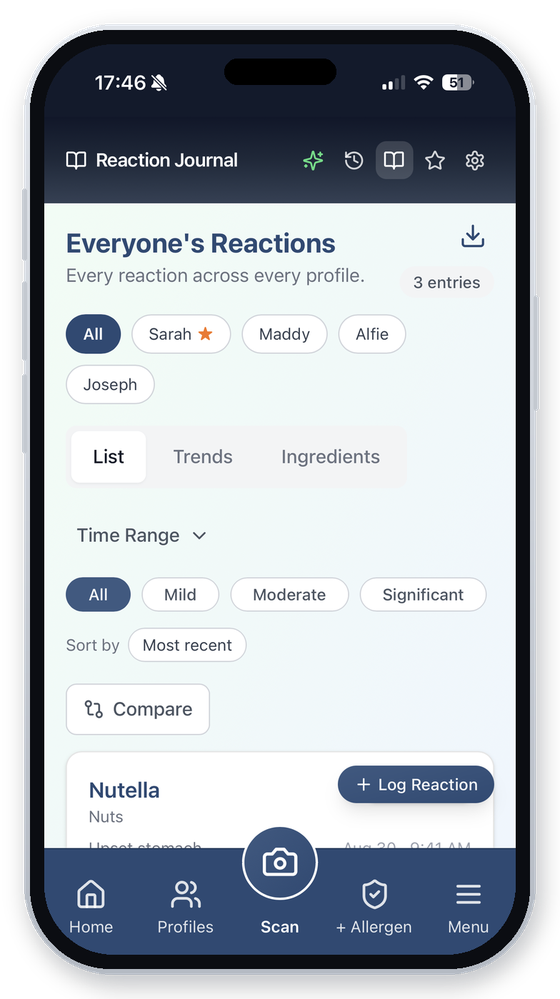 ClearaScan Reaction Journal screen listing recorded reactions across every profile.