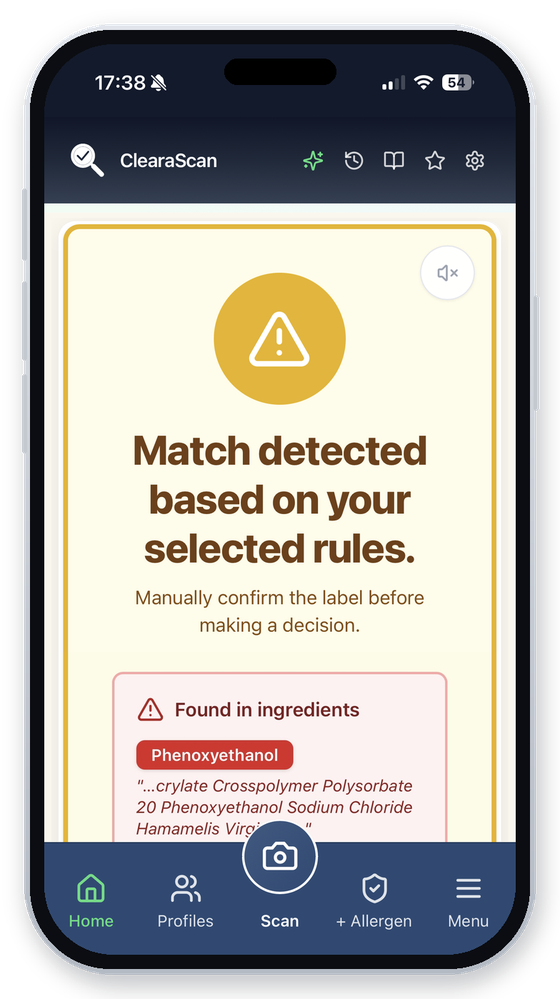 ClearaScan result screen: a match detected against the selected Ingredient Guard, with the flagged ingredient highlighted.