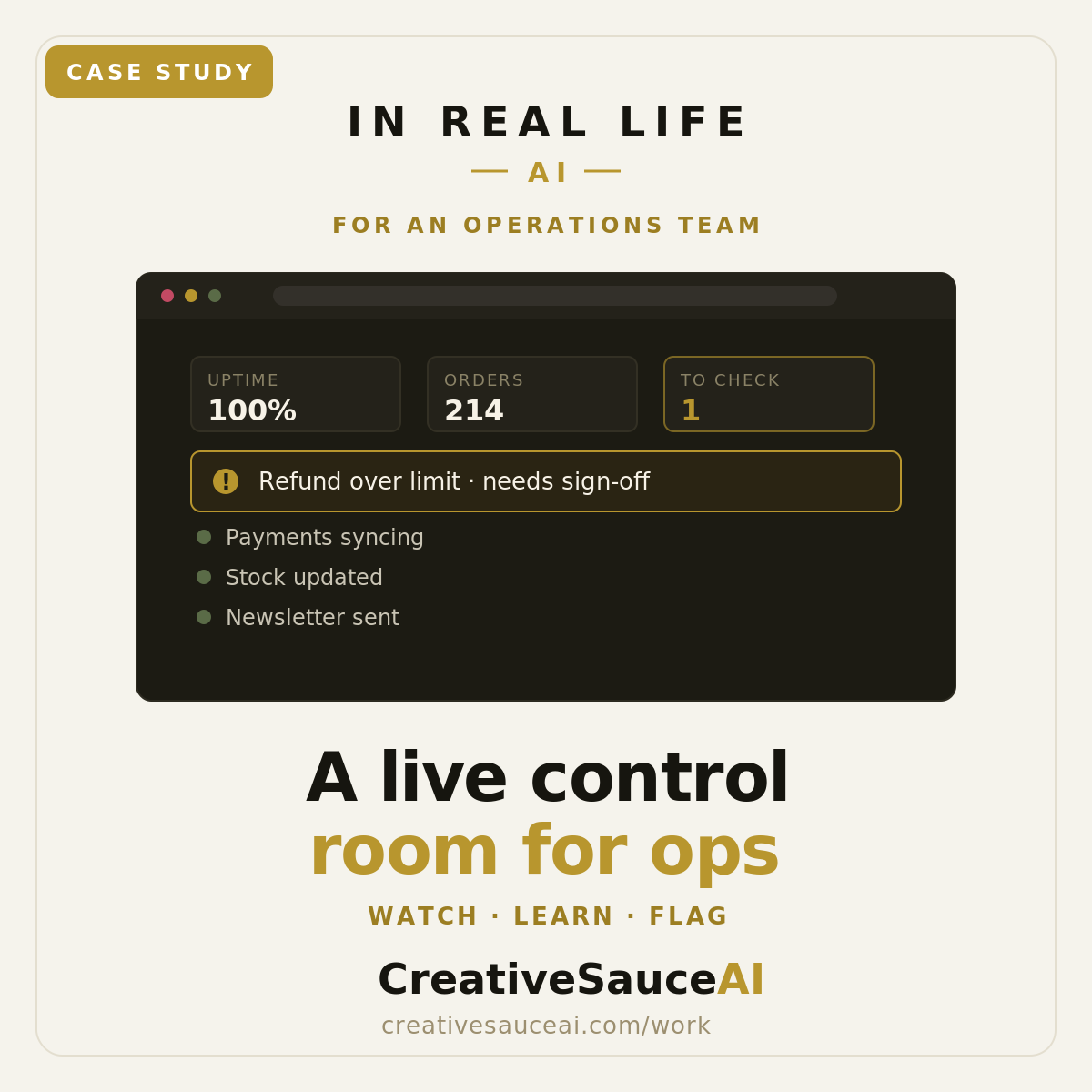 The Control Room, a live operations dashboard with an AI layer